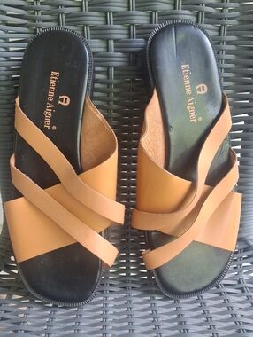 Etienne Aigner Women's Tan/Cognac Leather Strappy Slide Sandals